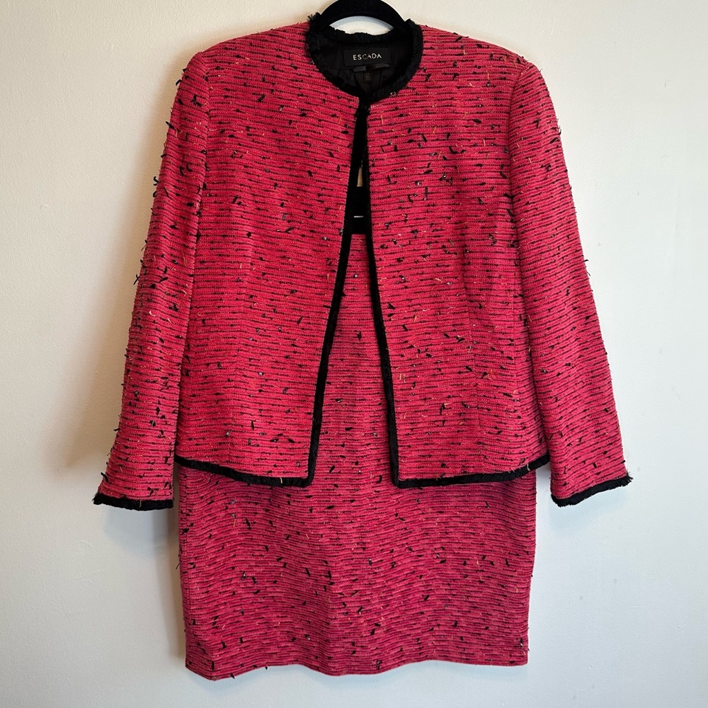 Escada Women’s Suit Jacket & Skirt Set Sz 44 Hot Pink Confetti Germany Silk Wool